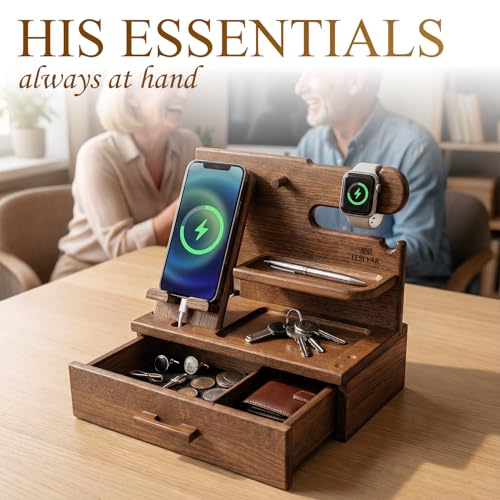 TESLYAR Wood Phone Docking Station with Drawer - Nightstand Organizer - Desk Organizer for Husband - Birthday Gifts for Men, Dad, Anniversary Idea, Key Holder Stand Watch & Accessories (Earth Beige) - Image 4