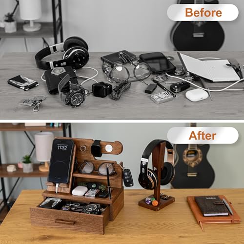 TESLYAR Wood Phone Docking Station with Drawer - Nightstand Organizer - Desk Organizer for Husband - Birthday Gifts for Men, Dad, Anniversary Idea, Key Holder Stand Watch & Accessories (Earth Beige) - Image 3