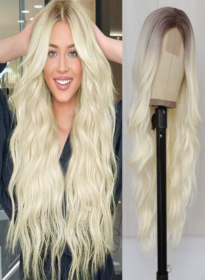 NAYOO 26" Long Wavy Blonde Wig for Women, Platinum Blonde Wig with Dark Roots, Natural Looking Wavy Synthetic Wig, Soft Long Ombre Blonde Wig for Daily Wear Party Cosplay - Image 1
