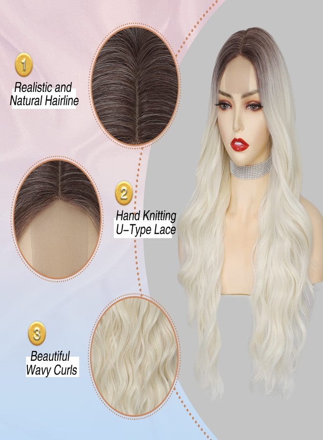 NAYOO 26" Long Wavy Blonde Wig for Women, Platinum Blonde Wig with Dark Roots, Natural Looking Wavy Synthetic Wig, Soft Long Ombre Blonde Wig for Daily Wear Party Cosplay - Image 2