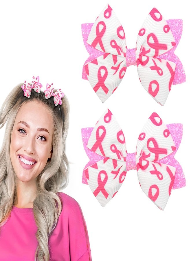 Doneace Breast Cancer Hair Clips Pink Ribbon Glitter Bow Hair Clips for Girls Cute Sequined Bow Hair Barrettes Alligator Hairpins for Breast Cancer Awareness Month Parade Party Hair Accessories 2PCS - Image 1
