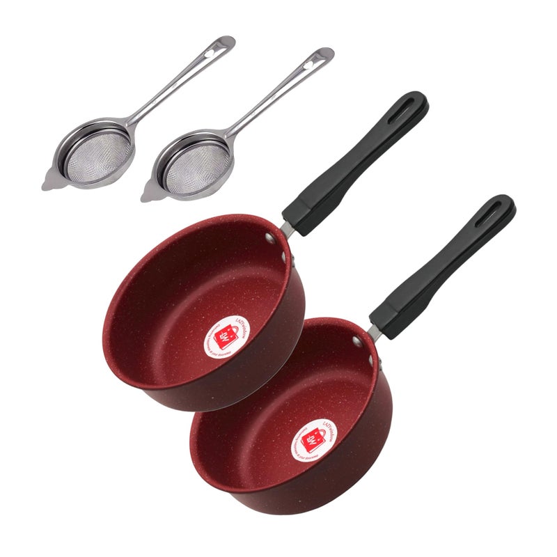 LAZYwindow Superior Nonstick Baby Sauce Pan/Frying Pan 17cm Dia & Tea Stainer, (Base Colour Maroon) Pack of 2. - Image 1