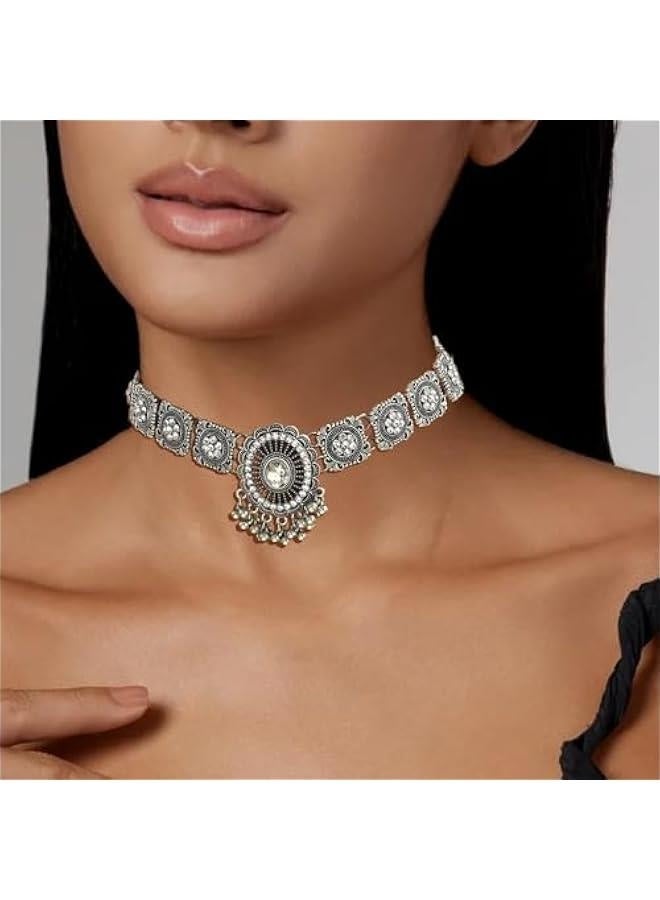 Indian Jewelry Sets for Women Bollywood Choker Necklace Earring Set Gold Jhumkas Indian Earrings Traditional Vintage Ethnic Accessories Indian Outfits Wedding Party Prom JewelrySXVPS - Image 3