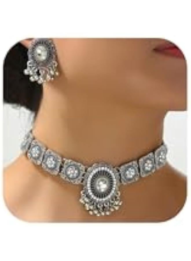 Indian Jewelry Sets for Women Bollywood Choker Necklace Earring Set Gold Jhumkas Indian Earrings Traditional Vintage Ethnic Accessories Indian Outfits Wedding Party Prom JewelrySXVPS - Image 2