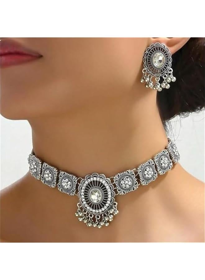 Indian Jewelry Sets for Women Bollywood Choker Necklace Earring Set Gold Jhumkas Indian Earrings Traditional Vintage Ethnic Accessories Indian Outfits Wedding Party Prom JewelrySXVPS - Image 1