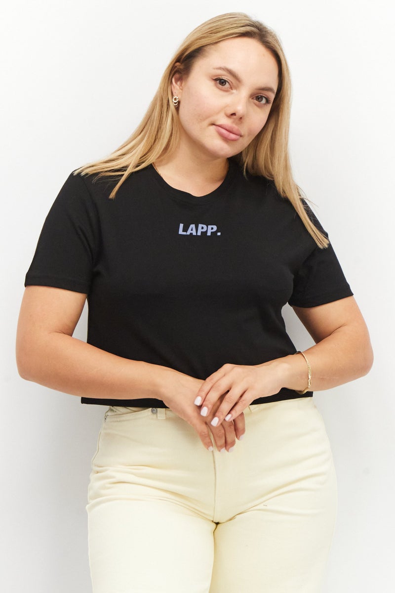 LAPP تي شيرت قصير الأكمام بطباعة جرافيك للنساء بياقة دائرية، أسود - Image 1