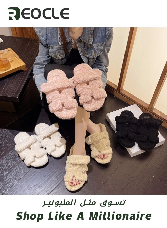 REOCLE Women's Luxury Fuzzy Faux Fur Plush Slippers Cosy Slides Women's Slippers Summer Winter Bathing Shoes Slippers Green - Image 2