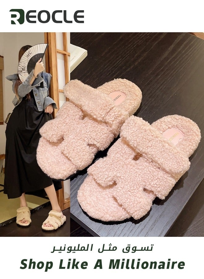 REOCLE Women's Luxury Fuzzy Faux Fur Plush Slippers Cosy Slides Women's Slippers Summer Winter Bathing Shoes Slippers Green - Image 3