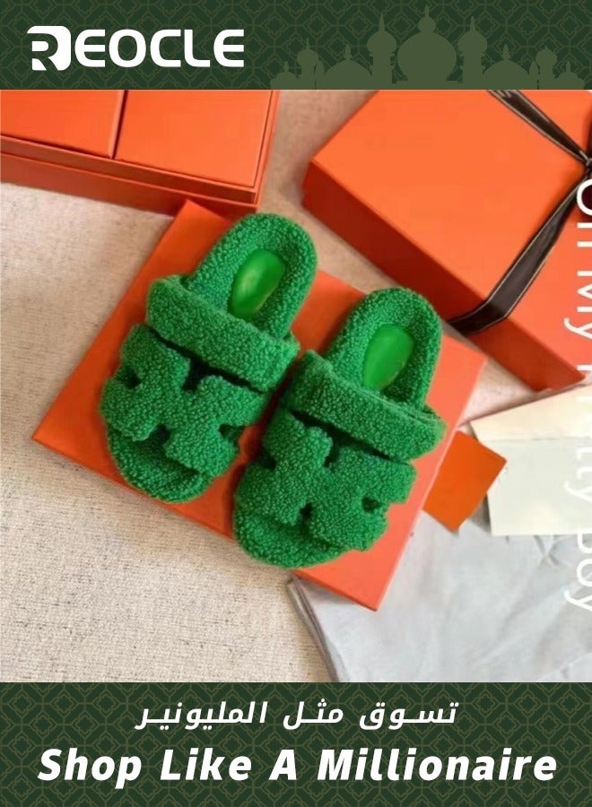REOCLE Women's Luxury Fuzzy Faux Fur Plush Slippers Cosy Slides Women's Slippers Summer Winter Bathing Shoes Slippers Green - Image 1