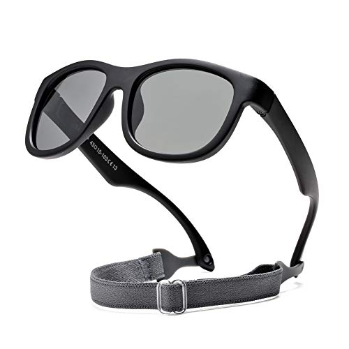 COASION Flexible Polarized Baby Sunglasses with Strap Adjustable for Toddler Newborn Infant 0-24 Months (Matte Black/Grey) - Image 1
