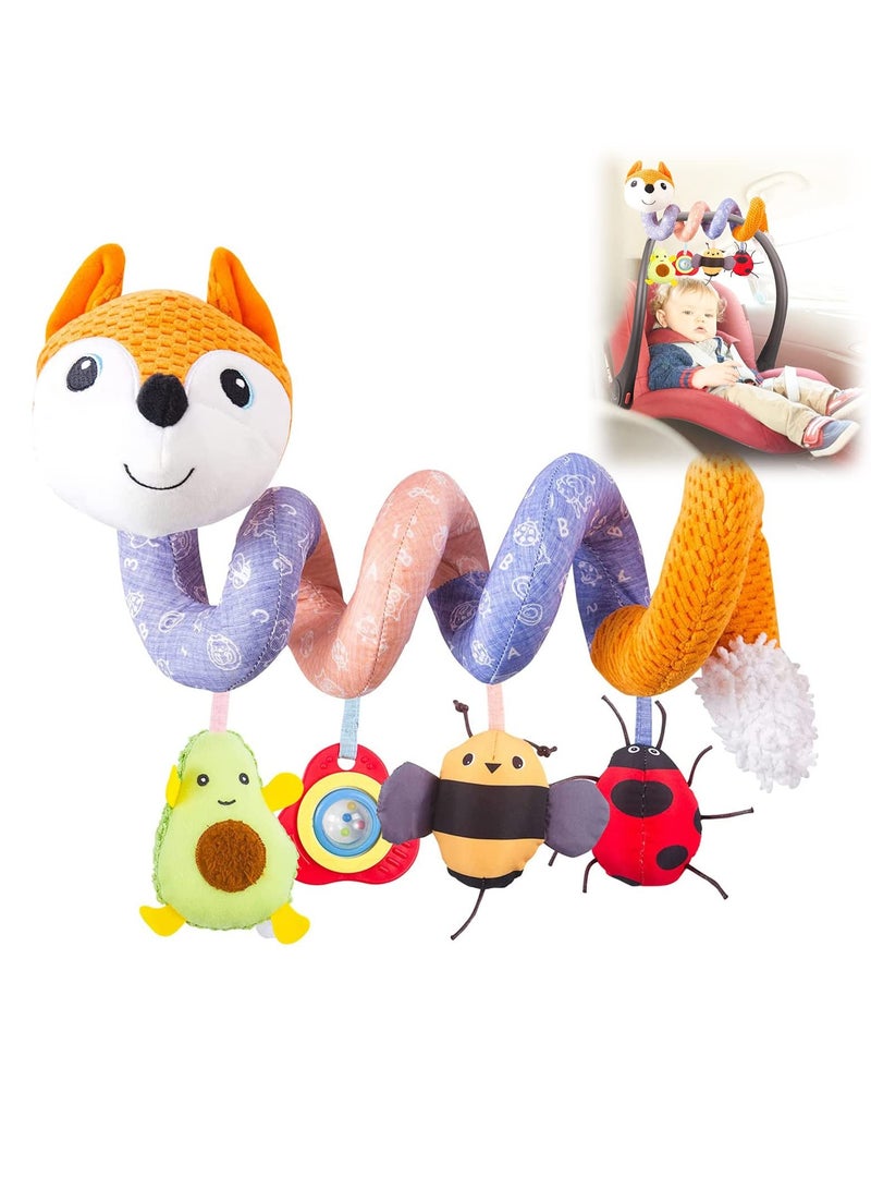 Infant Car Seat Toys Plush Orange Fox Spiral Activity Hanging Toy for Stroller Crib and Bassinet with Music Box Squeaker and Rattles  - Image 1