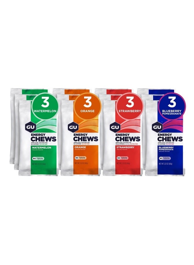 GU Energy Chews, Variety Pack Energy Gummies with Electrolytes, Vegan, Gluten-Free, Kosher, Caffeine/Caffeine-Free, and Dairy-Free On-The-Go Energy for Any Workout, 12 Bags (24 Servings Total) - Image 1