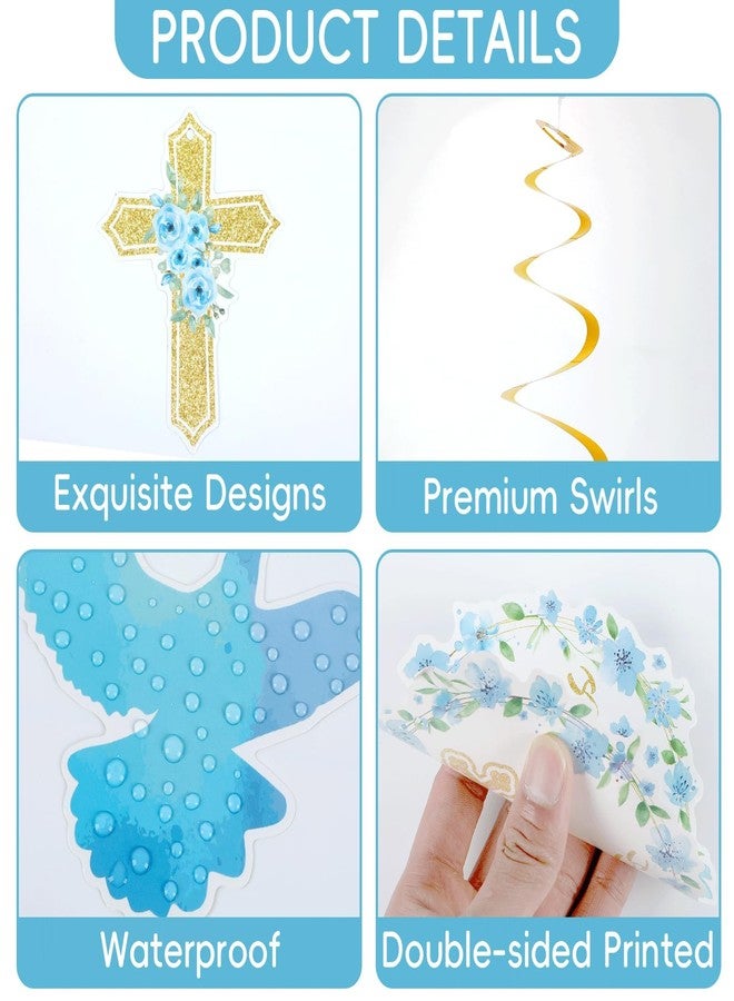 Justforjoyful ١٥ قطعة من زينة المعمودية الزرقاء، لافتات "بارك الله فيك"، زينة معلقة على شكل دوامات وخلايا نحل، قطع مركزية دينية لطاولات حفلات استقبال المولود الجديد، زينة ذهبية لحفلات المناولة الأولى للأولاد. - Image 3