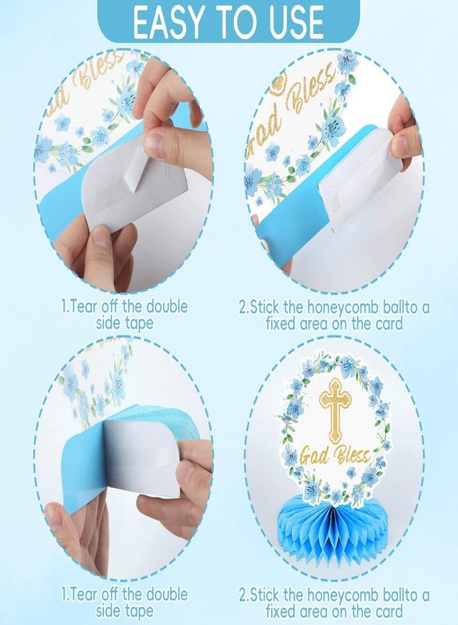 Justforjoyful ١٥ قطعة من زينة المعمودية الزرقاء، لافتات "بارك الله فيك"، زينة معلقة على شكل دوامات وخلايا نحل، قطع مركزية دينية لطاولات حفلات استقبال المولود الجديد، زينة ذهبية لحفلات المناولة الأولى للأولاد. - Image 4