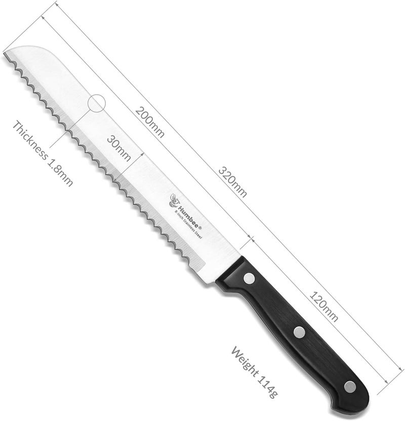Humbee 8-Inch Serrated Bread Knife, Premium Stainless Steel Blade with Wave Edge, Full Tang Handle, Razor Sharp Knife for Bread, Durable Professional Kitchen Knife - Image 2