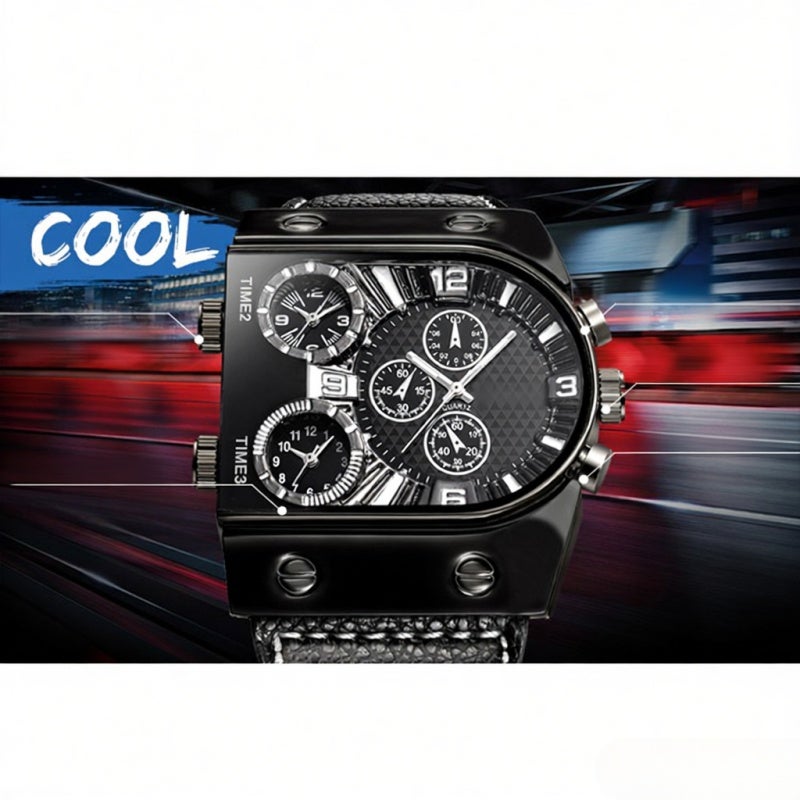 Oulm Men Wrist Watch: Black Leather Band, Eye-Catching Appearance - High Precision Quartz Movement for Business Casual Indoor Outdoor Activities - Image 2