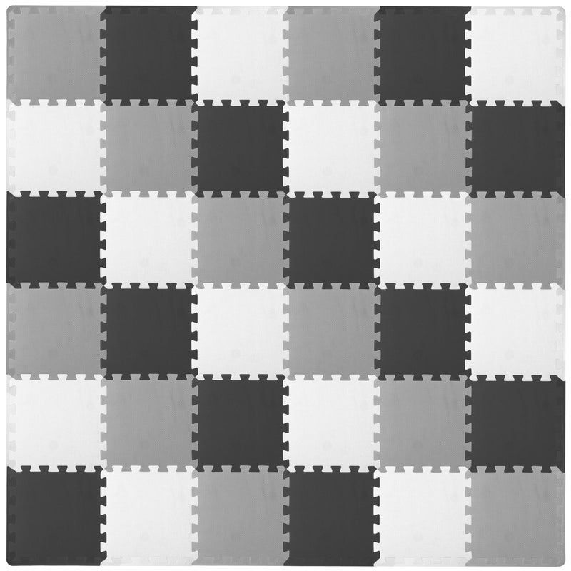 ProSource Foam Puzzle Floor Play Mat for Kids and Babies with Solid Colors, 36 or 16 Interlocking Tiles with Borders, Black/Grey/White - Image 1