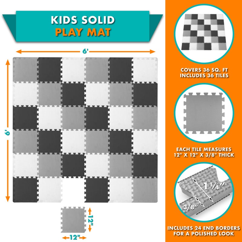 ProSource Foam Puzzle Floor Play Mat for Kids and Babies with Solid Colors, 36 or 16 Interlocking Tiles with Borders, Black/Grey/White - Image 2