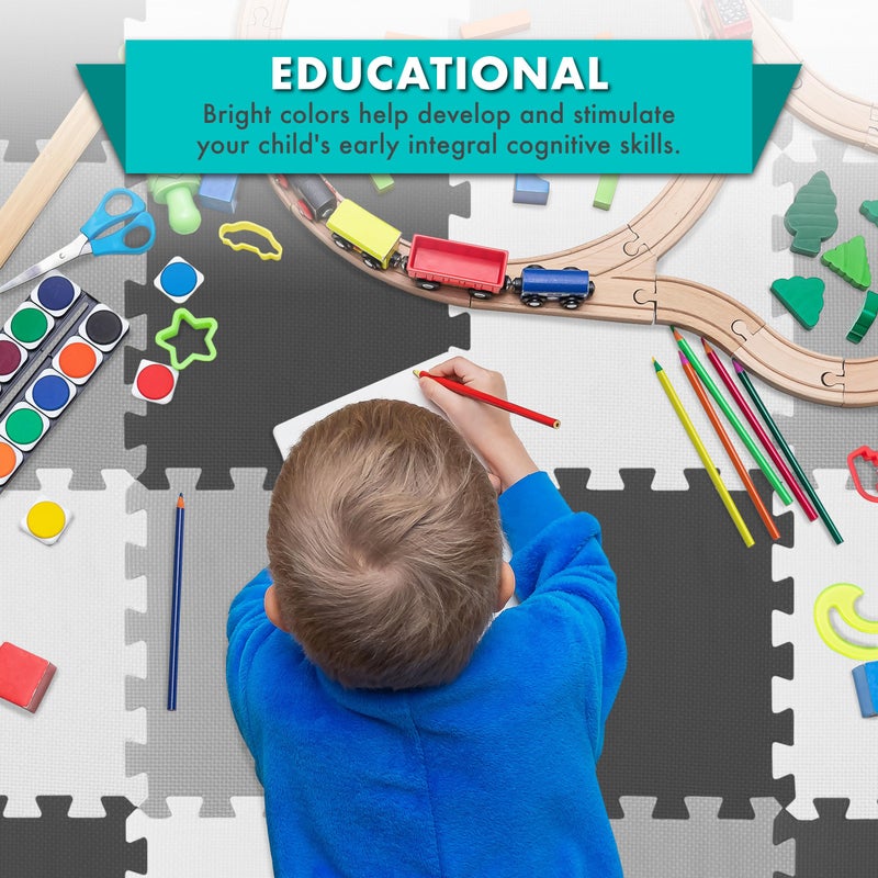 ProSource Foam Puzzle Floor Play Mat for Kids and Babies with Solid Colors, 36 or 16 Interlocking Tiles with Borders, Black/Grey/White - Image 3