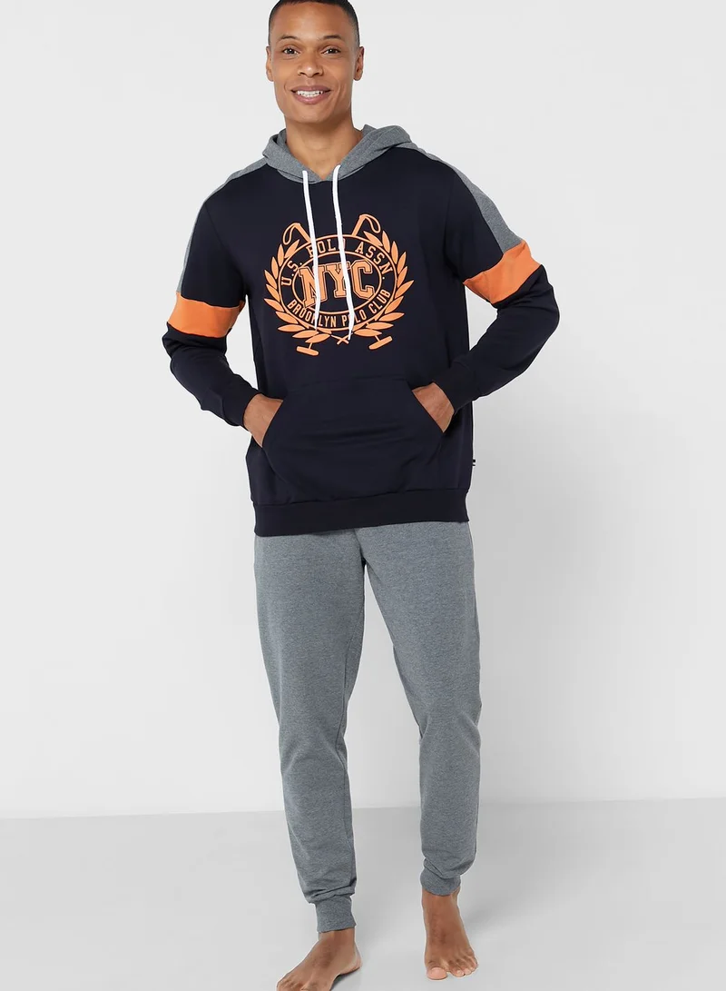 U.S. Polo Assn. Logo Printed Hoodie And Sweatpants Pyjama Set