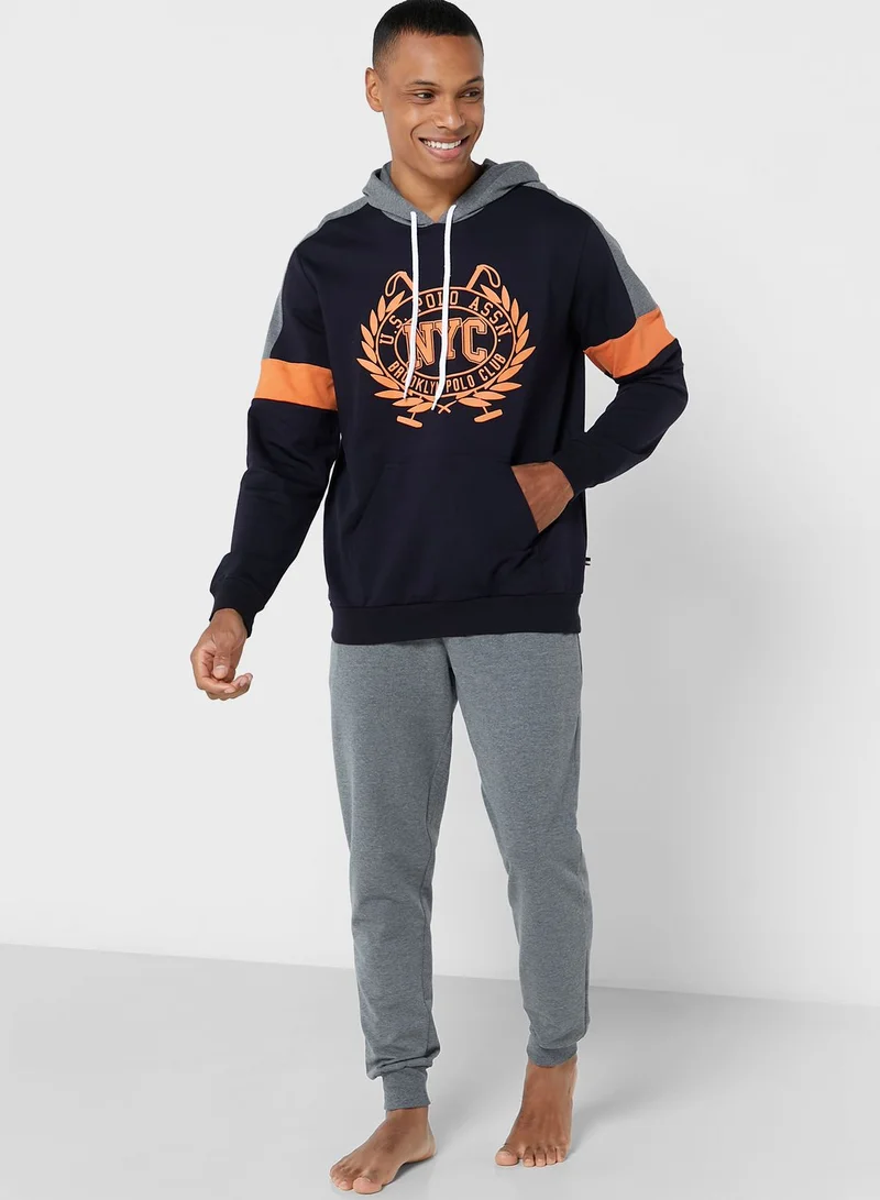 U.S. Polo Assn. Logo Printed Hoodie And Sweatpants Pyjama Set