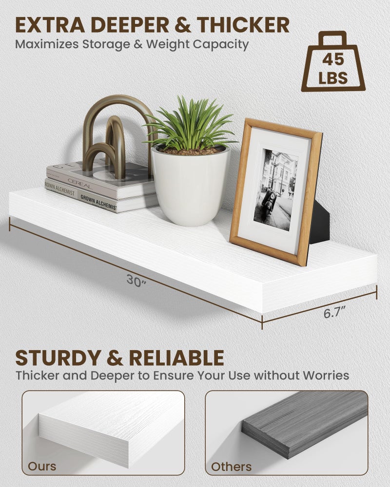Marsmiles 30" Floating Shelves for Wall, Wooden Shelves with Invisible Brackets Set of 2, Rustic Farmhouse Wall Mounted Shelf for Kitchen Bathroom Living Room Study, White - Image 4