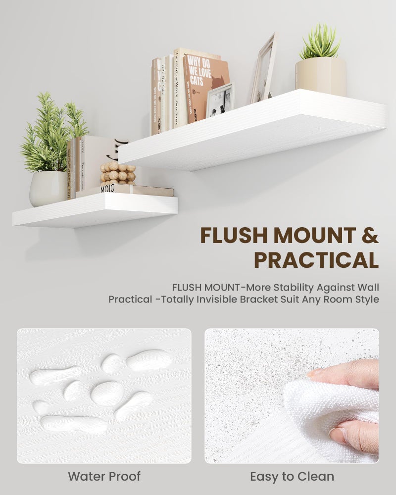 Marsmiles 30" Floating Shelves for Wall, Wooden Shelves with Invisible Brackets Set of 2, Rustic Farmhouse Wall Mounted Shelf for Kitchen Bathroom Living Room Study, White - Image 3