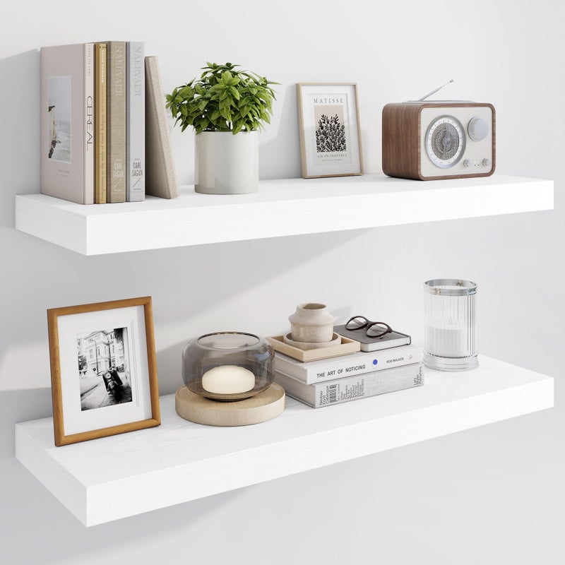Marsmiles 30" Floating Shelves for Wall, Wooden Shelves with Invisible Brackets Set of 2, Rustic Farmhouse Wall Mounted Shelf for Kitchen Bathroom Living Room Study, White - Image 1