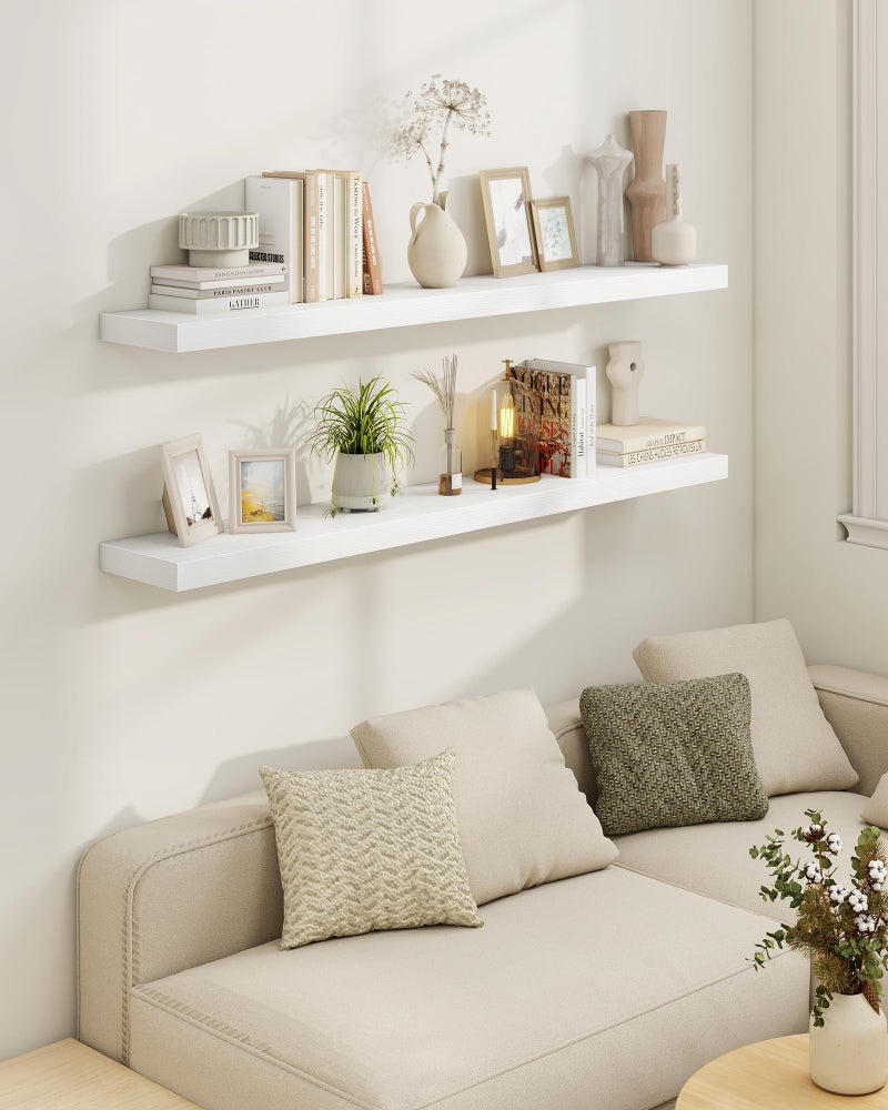 Marsmiles 30" Floating Shelves for Wall, Wooden Shelves with Invisible Brackets Set of 2, Rustic Farmhouse Wall Mounted Shelf for Kitchen Bathroom Living Room Study, White - Image 2