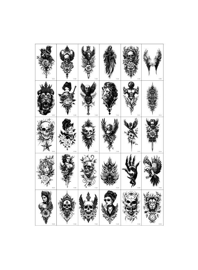 جيكومو 30 نمطًا من ملصقات الوشم المؤقتة المقاومة للماء بالأسلوب الداكن - جمجمة/أسد/رموز عتيقة، دائمة المدة وغير متلاشية | ملصقات الوشم المؤقتة الزينة للذراع الشخصية متوافقة للرجال والنساء - Image 1