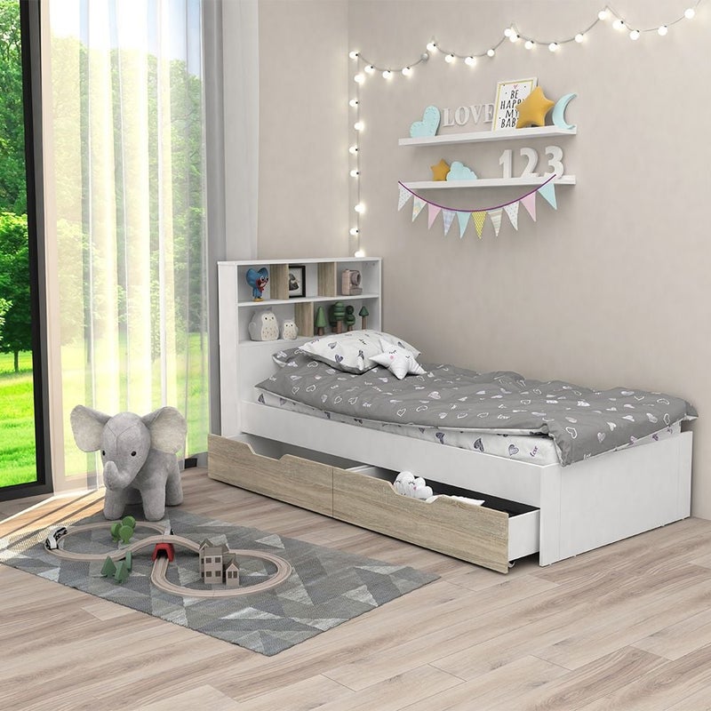 DANUBE HOME Kinder 90x200 Kids Bed With Storage Headboard & 2Side Drawers | Modern Design Wooden Kids Bed Frame Furniture | Comfortable Bed (Mattress Not Included) - White & Sonoma Oak - Image 1