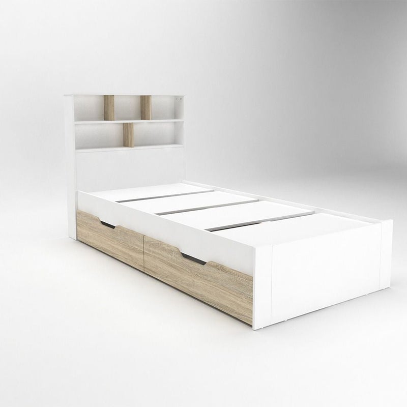 DANUBE HOME Kinder 90x200 Kids Bed With Storage Headboard & 2Side Drawers | Modern Design Wooden Kids Bed Frame Furniture | Comfortable Bed (Mattress Not Included) - White & Sonoma Oak - Image 2