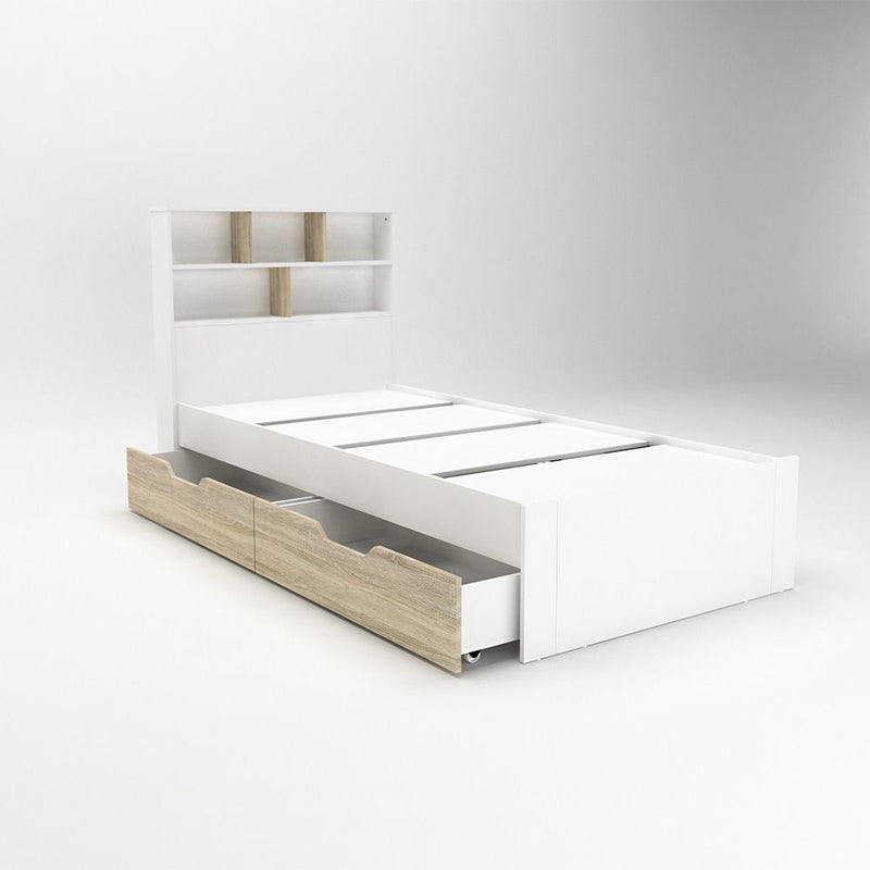 DANUBE HOME Kinder 90x200 Kids Bed With Storage Headboard & 2Side Drawers | Modern Design Wooden Kids Bed Frame Furniture | Comfortable Bed (Mattress Not Included) - White & Sonoma Oak - Image 3