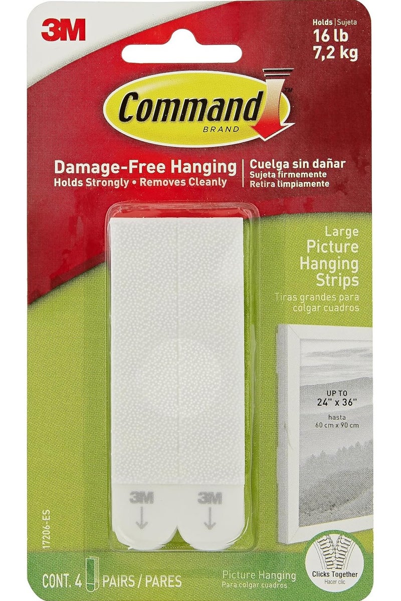 Command Command Large Picture Hanging Strips,4 Pairs, Holds Strong, Damage Free Walls, Self Adhesive, White - Image 1