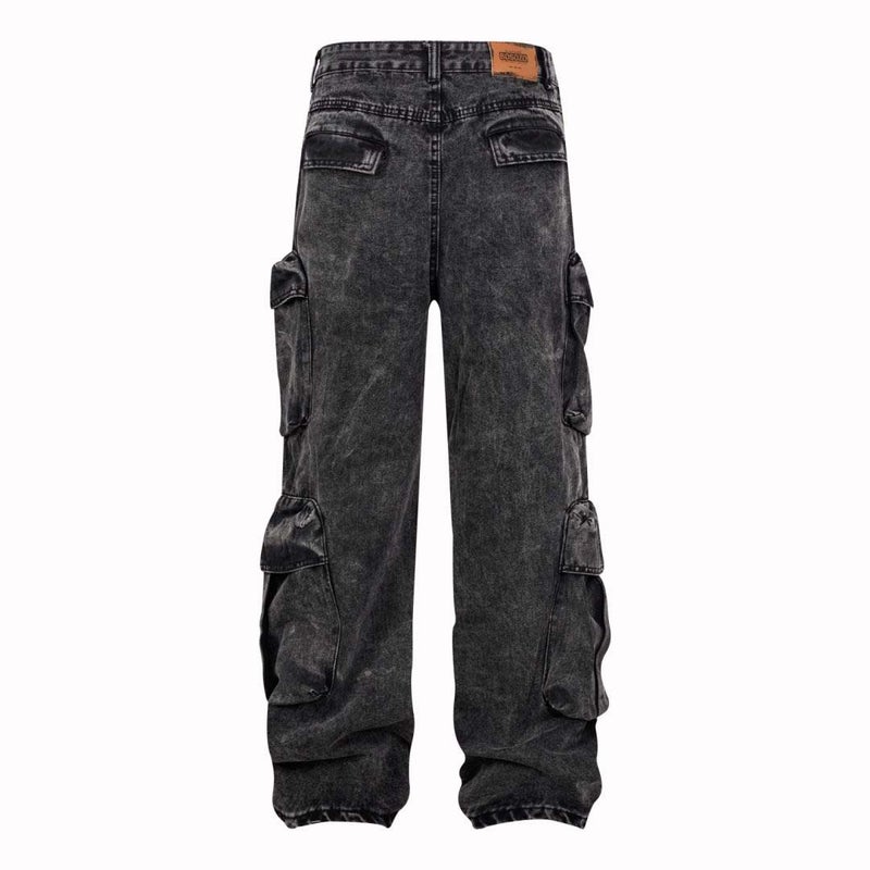 American Style Street Washed Old Stitching Multi-Pocket Denim Overalls Trendy Brand Loose Wide-Leg Pants For Men And Women - Image 3
