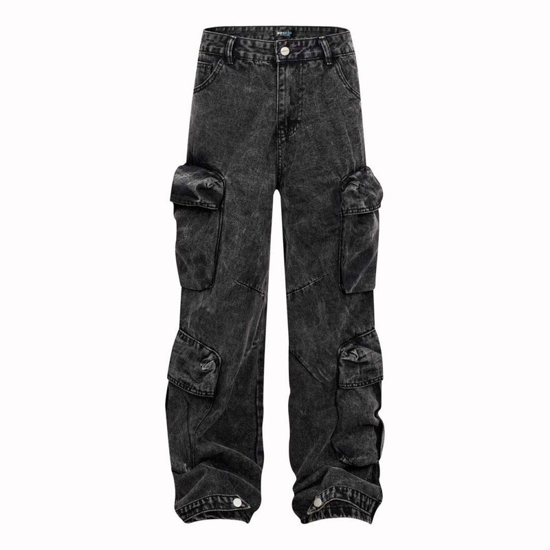 American Style Street Washed Old Stitching Multi-Pocket Denim Overalls Trendy Brand Loose Wide-Leg Pants For Men And Women - Image 2