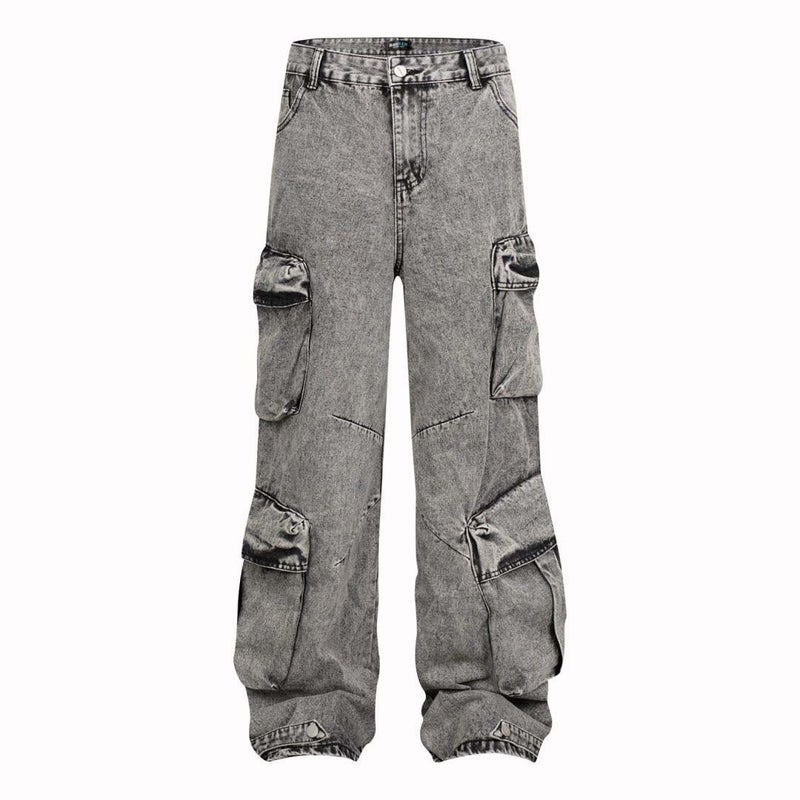 American Style Street Washed Old Stitching Multi-Pocket Denim Overalls Trendy Brand Loose Wide-Leg Pants For Men And Women - Image 4