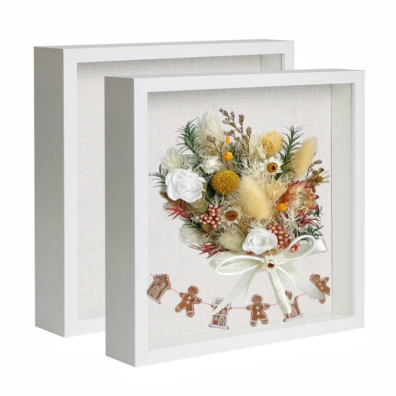 Muzilife Muzilife Shadow Box Picture Frame with Linen Board Deep Wood Glass Display Case Ready to Hang Memory Box Baby Sports Memorabilia Pins Awards Medals Wedding Tickets and Photos White 2pcs 8X8 