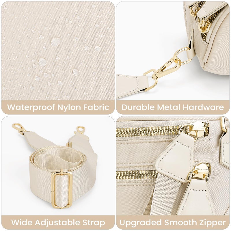 Lushandy Bum Bag Women's Checkered Crossbody Bag Nylon Cross Body Bags Plaid Mom Everyday Purse for Travel (Pure Beige) - Image 3