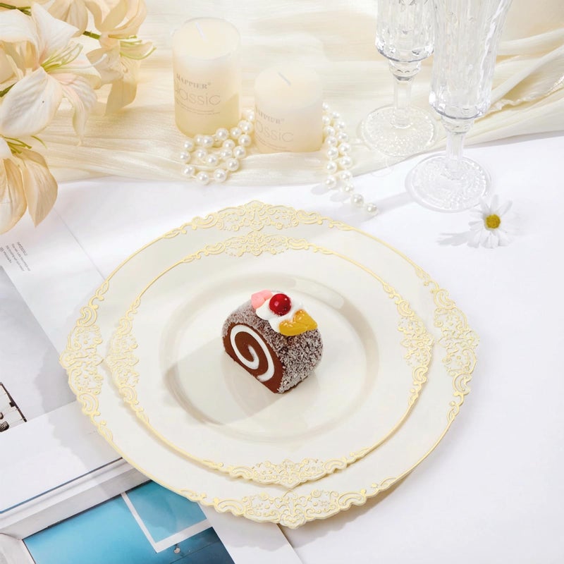 Bestluck 200 PCS Ivory and Gold Plastic Plates for 100 Guests, Gold Disposable Plates Include 100 PCS Dinner Plates, 100 PCS Dessert Plates for Party, Wedding and Graduation (200, Ivory White) - Image 2