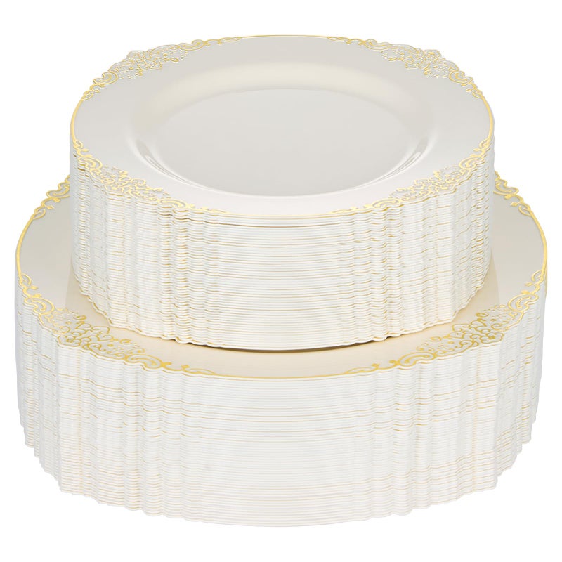 Bestluck 200 PCS Ivory and Gold Plastic Plates for 100 Guests, Gold Disposable Plates Include 100 PCS Dinner Plates, 100 PCS Dessert Plates for Party, Wedding and Graduation (200, Ivory White) - Image 1