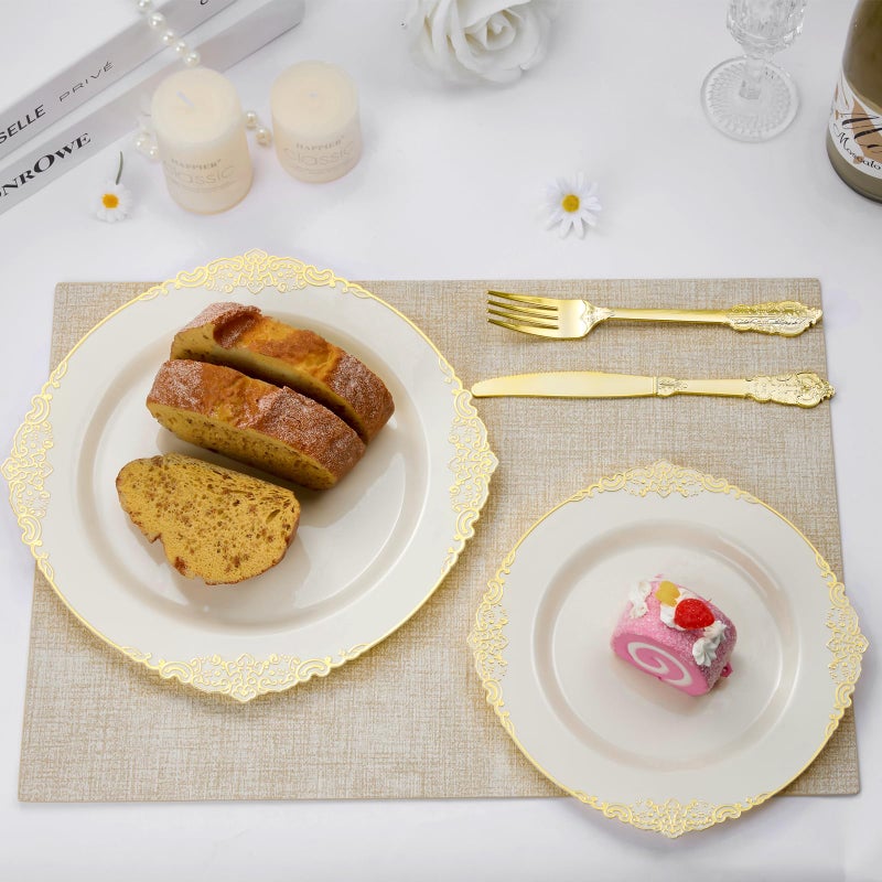 Bestluck 200 PCS Ivory and Gold Plastic Plates for 100 Guests, Gold Disposable Plates Include 100 PCS Dinner Plates, 100 PCS Dessert Plates for Party, Wedding and Graduation (200, Ivory White) - Image 5