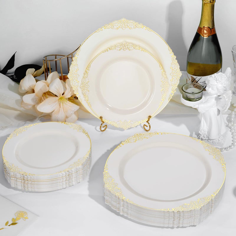 Bestluck 200 PCS Ivory and Gold Plastic Plates for 100 Guests, Gold Disposable Plates Include 100 PCS Dinner Plates, 100 PCS Dessert Plates for Party, Wedding and Graduation (200, Ivory White) - Image 4