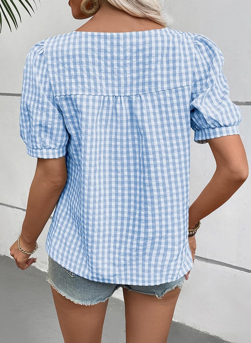 EVALESS Tops for Women Short Sleeve Tunic Blouse Dressy Casual Square Neck Gingham Tops Cotton Blend Plaid Shirt Cute Checkered Puff Sleeve Work Blouses 2026 Summer Vacation Outfits Blue Small - Image 3