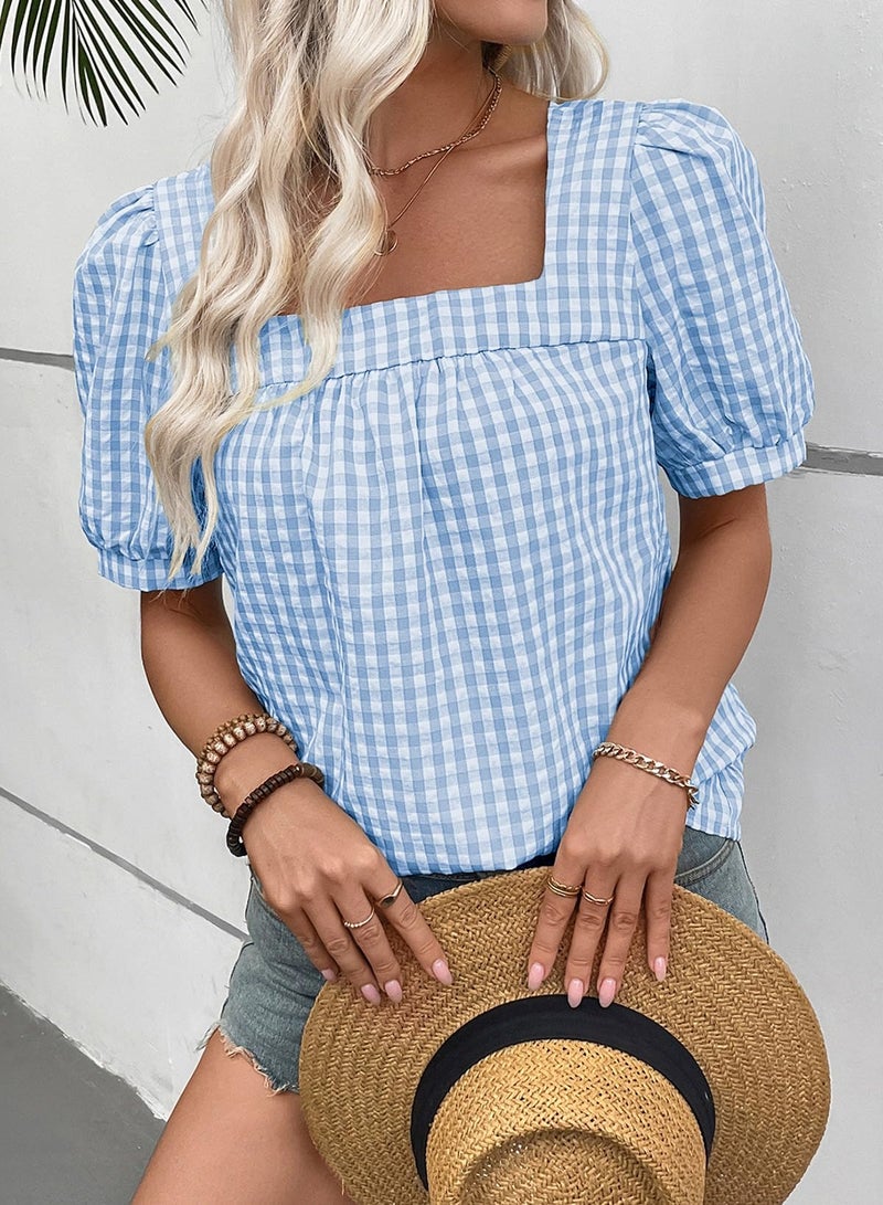 EVALESS Tops for Women Short Sleeve Tunic Blouse Dressy Casual Square Neck Gingham Tops Cotton Blend Plaid Shirt Cute Checkered Puff Sleeve Work Blouses 2026 Summer Vacation Outfits Blue Small - Image 2