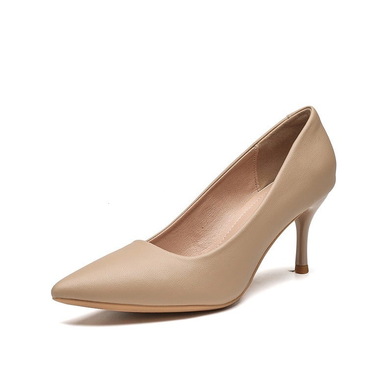 555-8 Nude High Heels for Women, French Style Soft Leather Pointed Toe Office Shoes