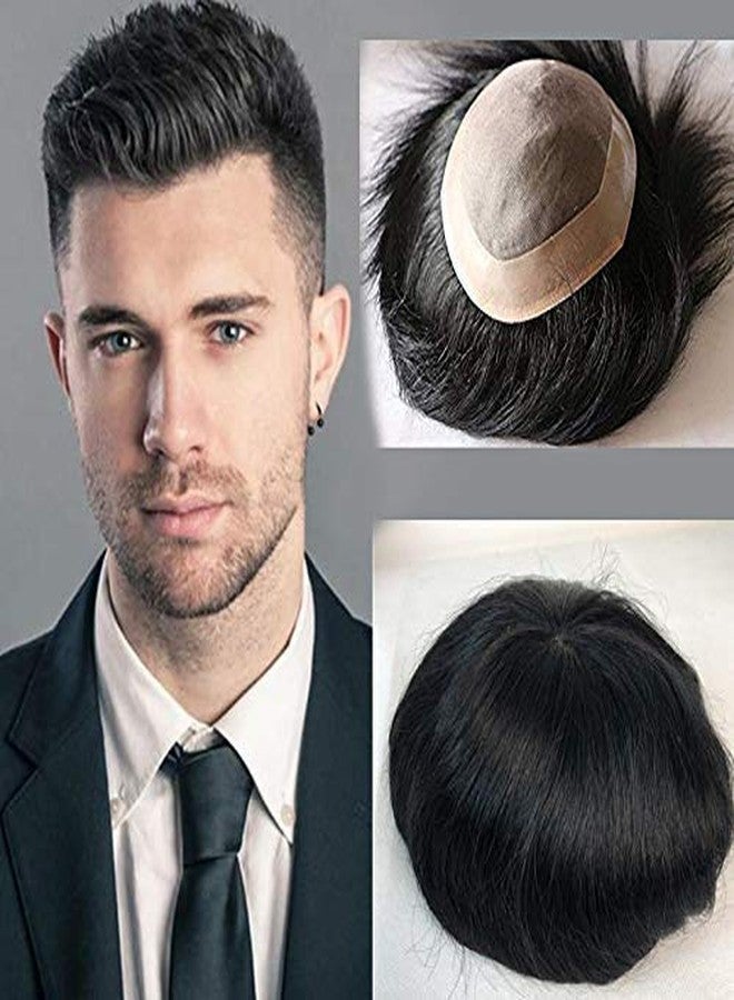 Confidence Monofilament Human Hair Patch for Men, Natural Hair Toupee Wigs for Cover Baldness Hair System for Men and Boys with Brush Clips and Red Tape (Black, 9x7) - Image 1
