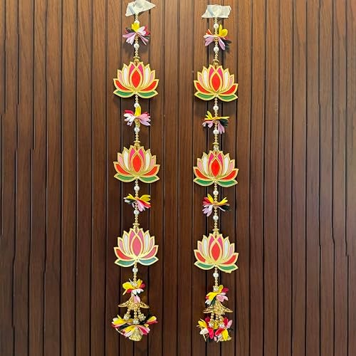 CraftVatika Diwali Decoration Items for Home Dcor, Wall Hanging Lotus Flower Latkan Toran for Pooja Room, Main Door Entrance, Diwali Deepavali Dcor, Festival Decorations Set of 2 - Image 2
