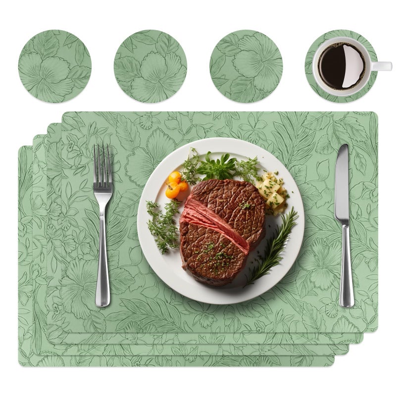 WAKOSAN Placemats Set of 4 with 4 Coasters,Carving Floral Design,Non-Slip, Heat Resistant,Washable for Kitchen and Dining Table,Artificial Leather Place Mats (Green) - Image 1