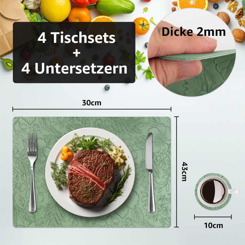 WAKOSAN Placemats Set of 4 with 4 Coasters,Carving Floral Design,Non-Slip, Heat Resistant,Washable for Kitchen and Dining Table,Artificial Leather Place Mats (Green) - Image 2